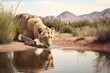 A lion drinking water in a small pond in the desert made with Generative AI