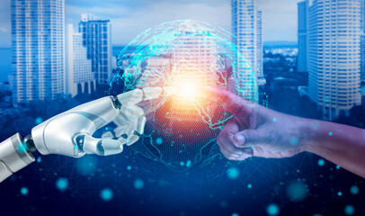 Poster - AI, Hands of robot and human touching on big data network connection background, Machine learning, Science and artificial intelligence technology, innovation and futuristic. life 3D rendering graphic