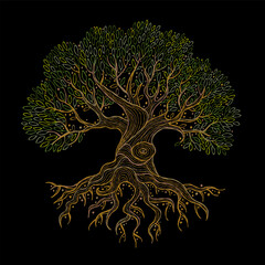 Aufkleber - Old big family tree with roots isolated on black. Concept Art for your design. Design interior ideas.