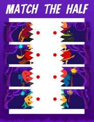 Wall Mural - Match the half of cartoon vitamin wizards and sorcerers. Vector board game worksheet with P, B12, D and B2 warlock capsules in night magic forest. Connect separated pieces riddle task for children