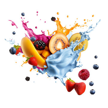 Wall Mural -  - mixed fruits with ice cream splash isolated on transparent background