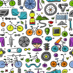 Aufkleber - Bicycle time. Types of bicycles, tools and spare parts. Seamless pattern background for your design