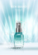 Cosmetics or skin care product ads with glass bottle,light blue and water background glittering light effect. vector design.