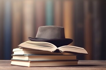 Wall Mural - hat resting on a pile of book Generative AI