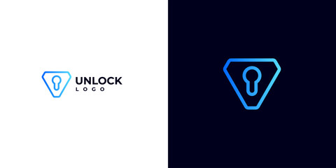 Poster - logo for a Web3 Blockchain Development Agency. Unlock logo with V shield Keyhole. safety data logo.