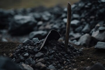 Poster - stack of dark stones with a wooden stick protruding from the top Generative AI