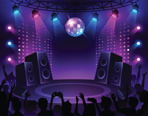 Wall Mural - Music stage background. Show performance begin with lighting and audience. Concert illuminated by spotlights vector illustration