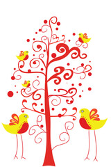 Wall Mural - love couple bird under beautiful abstract tree