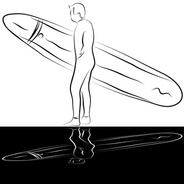 An image of a surfer with surfboard line drawing.