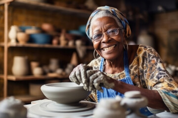 Smiling old african woman potter making ceramics. Generative AI.