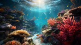 Fototapeta Do akwarium - A vibrant coral reef teeming with colorful fish in an underwater setting. Generative ai