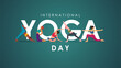 21 June International Yoga Day banner or poster with diversified women doing yoga poses on greensward. Flat cartoon in yoga or asana poses. 