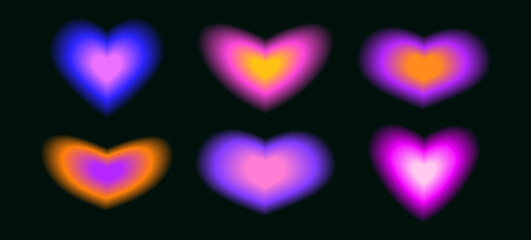 Poster - Trendy blurry heart shape set. Y2k aura collection. Blurred smooth gradient elements for logo, templates, badges, stickers, collages. Vector pack on dark background