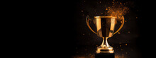 Generative AI, Winner Trophy With Flames, Golden Champion Cup With Falling Confetti On Dark Background.
