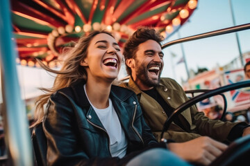 excited couple enjoying a thrilling, high-speed ride at an amusement park, their laughter symbolizin