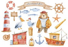 Funny Sea Animals Characters, Fishing Boat And Lighthouse On Stones. Watercolor Illustration Isolated On White, Hand Drawn Clipart Set. Fish, Lighthouse And Fisher House