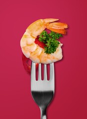 Wall Mural - Cooked tasty fresh shrimp on fork