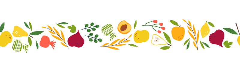 Seamless border with Fruits and vegetables. Fresh Natural organic food for menu, farm product design, market, vegetarian shop, greeting card and invitation, summer parties. Ingredients for cooking