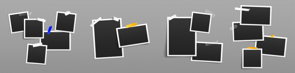 Poster - Images collage template with photo frames with sticky tape. Album or gallery mockup with empty paper snapshots with white border isolated on transparent background, vector realistic set