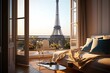 Luxurious Apartment View of the Eiffel Tower, Generative AI.