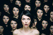 Nude Brunette's Haunting Gaze: Startled Woman Surrounded by Uncanny Clones in a Surreal Encounter