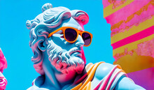 Retro Vintage Neon Stripes Background With Marble Head Statue Of An Ancient Greek God Zeus With Colorful Sunglasses From Generative AI