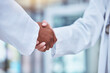 © Sanele Gobinduku/peopleimages.com - Closeup, doctors and handshake in hospital for partnership, deal and collaboration for wellness, healthcare and respect. Medic team, shaking hands and welcome for interview, hiring and recruitment