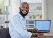 © Kwenzo K/peopleimages.com - Screen, laptop and portrait of black man tech company entrepreneur search or working on internet, online and web. Worker, smile and happy employee typing to connect to a website in an office