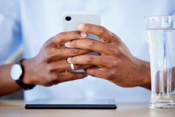 Poster - Hands, smartphone and typing, social media and chat online with communication, technology and contact. Closeup of person scroll notification, using phone and mobile app with internet and connectivity
