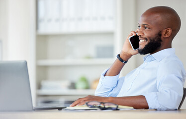 Poster - Black man, phone call and business contact, communication and networking with smile during conversation. Businessman, professional chat and b2b with person using work mobile for deal negotiation