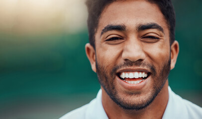 Poster - Sports, closeup and portrait of happy man with fitness mindset, confidence and mockup space. Workout goals, smile and face of male athlete with motivation for health, wellness and zoom on happiness.