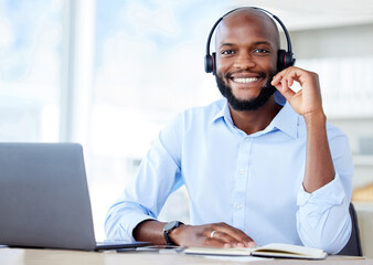 Poster - Portrait, call center and black man with telemarketing, smile and customer service with a laptop, headphones and advice. Face, male person and happy consultant with headset, friendly and tech support