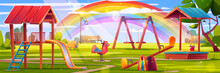 Kid Playground Park With Rainbow Cartoon Vector Background. Kindergarten Outside Amusement Environment With Slide, Swing, Sandbox, Horse And Seesaw. Fantasy Children Playhouse Garden Design With Tree