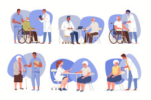 Set Of Illustrations Of Reception Of Elderly By Geriatric Doctor, Internist. Physician Consults Patient, Diagnoses, Prescribes Treatment. Vector Characters Flat Cartoon.