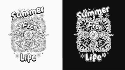 Wall Mural - Summer label with chamomile bouquet, feathers, text. Groovy, hippie retro style. For clothing, apparel, T-shirts, surface decoration