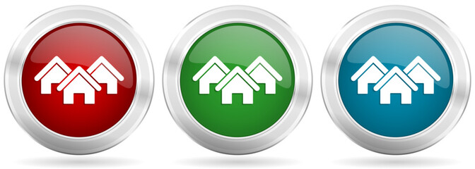 Fototapete - Home, house, real estate vector icon set. Red, blue and green silver metallic web buttons with chrome border