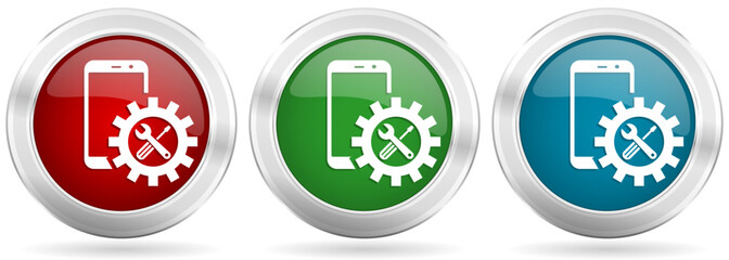 Aufkleber - Mobile phone, smartphone service vector icon set. Red, blue and green silver metallic web buttons with chrome border