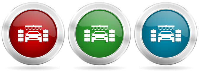 Aufkleber - Car wash, auto cleaning service vector icon set. Red, blue and green silver metallic web buttons with chrome border
