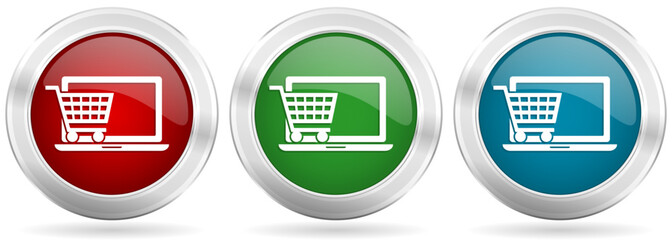 Poster - Online shop vector icon set. Red, blue and green silver metallic web buttons with chrome border