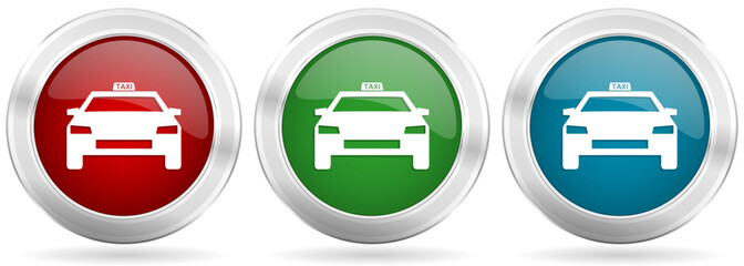 Aufkleber - Taxi, car vector icon set. Red, blue and green silver metallic web buttons with chrome border