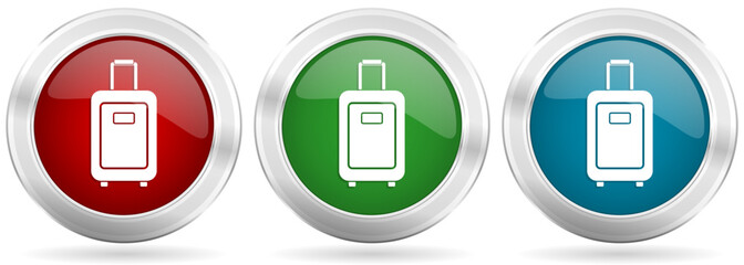Aufkleber - Travel suitcase vector icon set. Red, blue and green silver metallic web buttons with chrome border