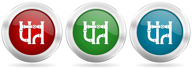 Aufkleber - Pipeline, tube, pipe and industrial vector icon set. Red, blue and green silver metallic web buttons with chrome border