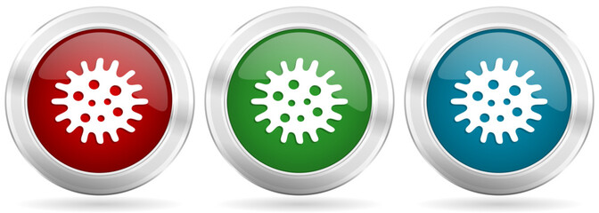 Fototapete - Virus, coronavirus, covid-19, infection vector icon set. Red, blue and green silver metallic web buttons with chrome border