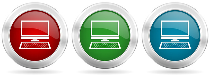 Poster - Computer, desktop vector icon set. Red, blue and green silver metallic web buttons with chrome border