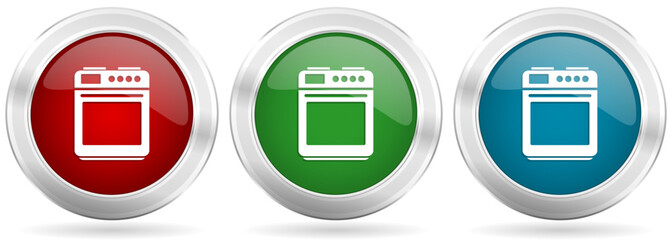 Aufkleber - Stove and oven vector icon set. Red, blue and green silver metallic web buttons with chrome border