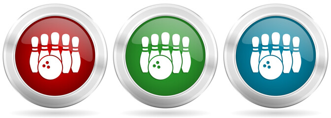 Aufkleber - Bowling vector icon set. Red, blue and green silver metallic web buttons with chrome border