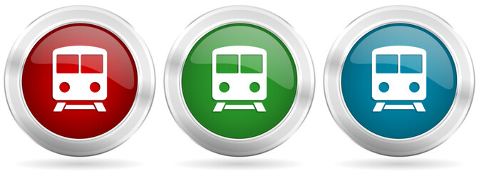 Aufkleber - Railway, train, subway, transportation vector icon set. Red, blue and green silver metallic web buttons with chrome border