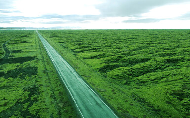 Wall Mural - Aerial view of the beautiful northern road in the middle of the green field of Iceland. Photography for tourism background, design and advertising