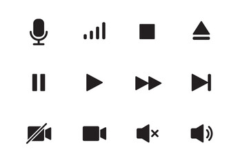 audio, video, music player button icon. sound control, play, pause button solid icon set. camera, me