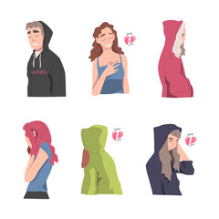 Sticker - Man and Woman with Broken Hearts Suffering Because of Lost Love Vector Illustration Set